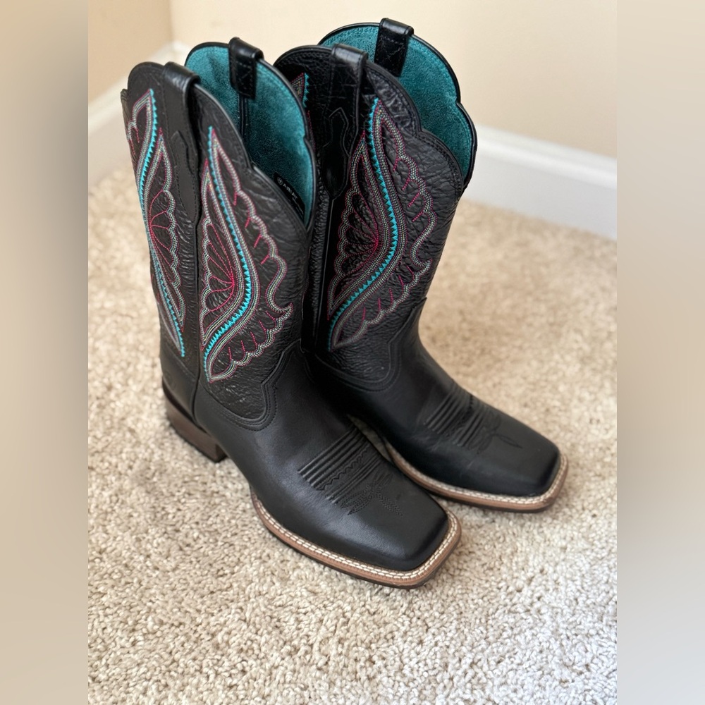 Ariat Black Leather Western Heeled Boots with Teal and Pink Stitching